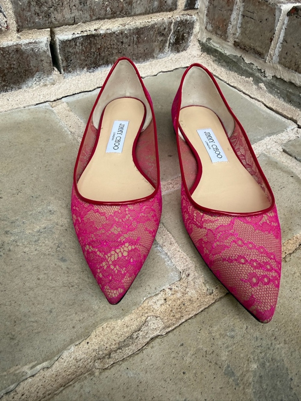Jimmy Choo Fuchsia Lace Pointed-Toe Flats